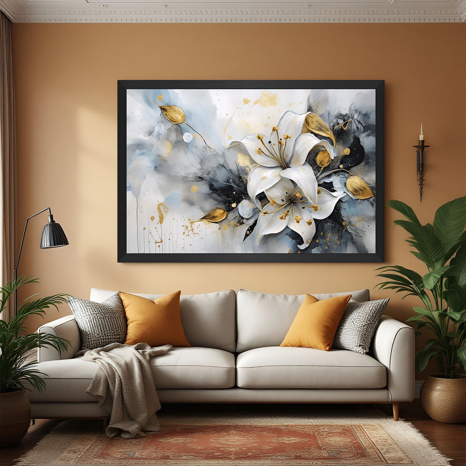 Framed canvas featuring a white lily in modern painted form with black floater frame for minimalist decor settings
