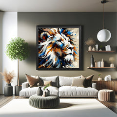 White lion wall art in black floater frame, perfect for neutral-toned or monochrome home interiors that reflect calm strength