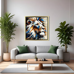 Elegant white lion artwork in golden frame, painted side view style ideal for modern luxury homes and serene office spaces
