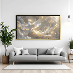 Luxury white phoenix wall art in gold frame featuring celestial clouds and shimmering details.