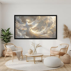 Elegant white and gold phoenix panorama artwork in black frame displayed on modern teal wall.