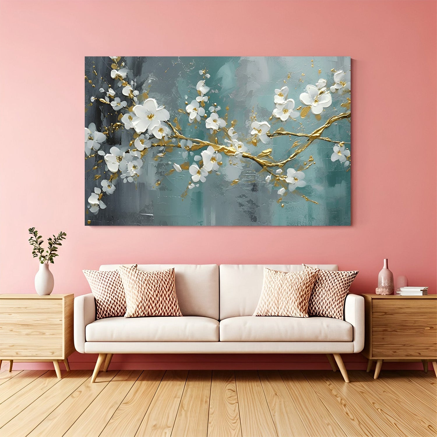 Canvas wall art showing many small white flowers blooming along a thin branch, perfect for peaceful and elegant interior decor