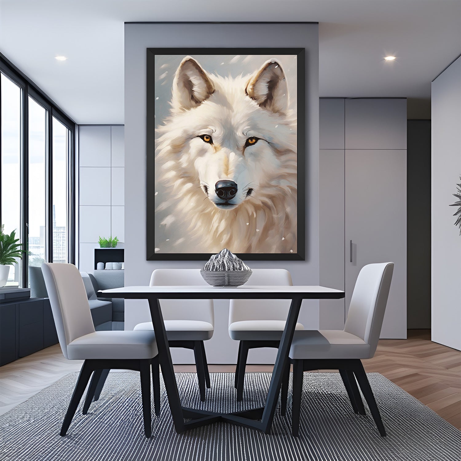 Elegant white wolf canvas in black floater frame, bringing strength and minimalism to living room or office decor