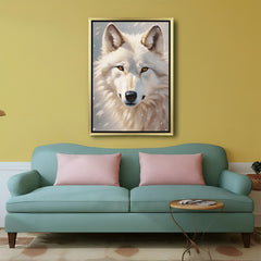 Golden framed white wolf wall art, perfect for bold and serene interiors with a touch of wild elegance