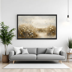 Framed canvas featuring faded wild grass in dusty colors with a black floater frame, designed for modern rustic or neutral home decor