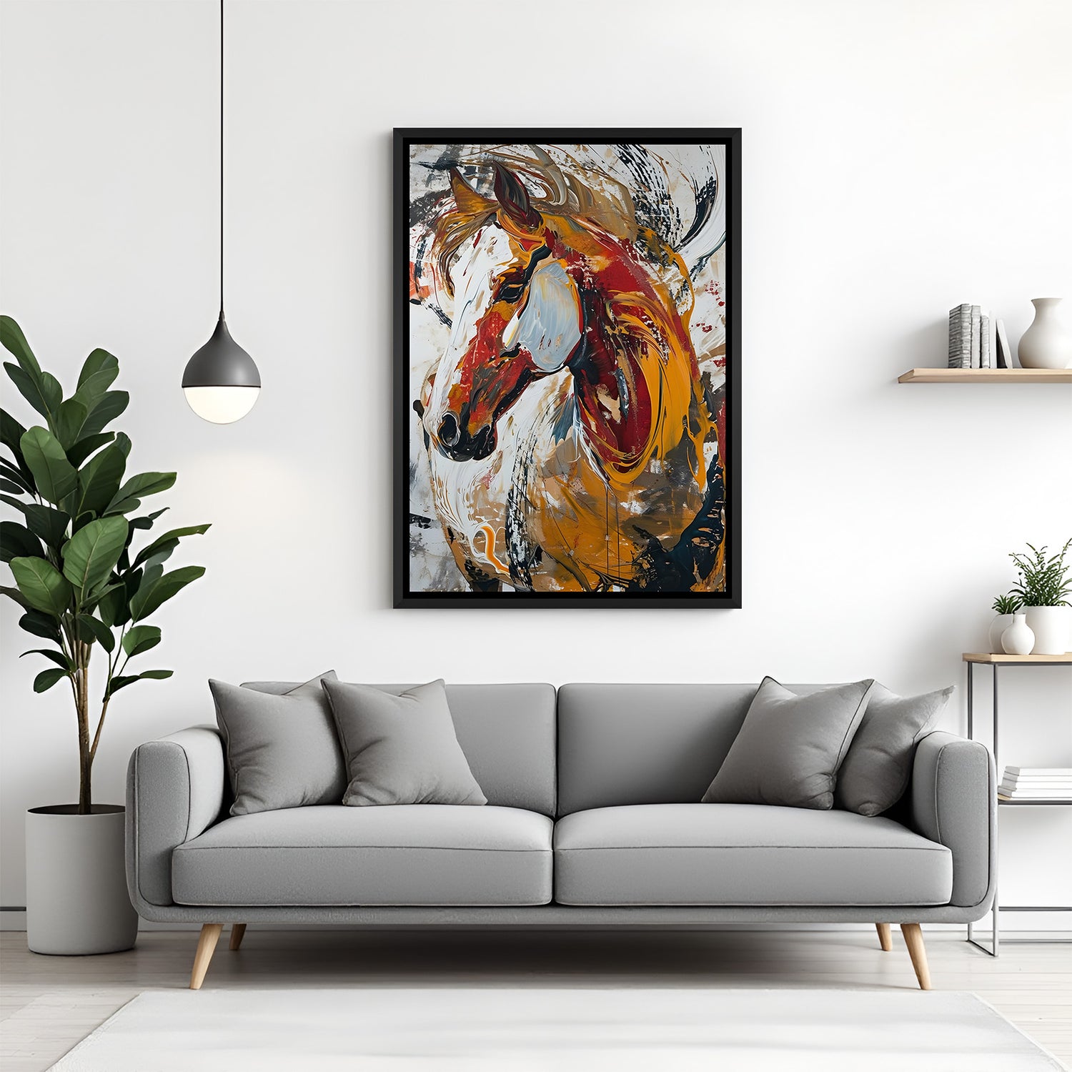 Horse modern art canvas wall painting in elegant black floater frame for interiors