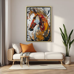 Powerful horse modern canvas artwork in luxury golden floater frame