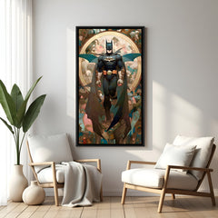 Batman flight artwork in elegant black floater frame featuring massive bat wings and dramatic sky scene