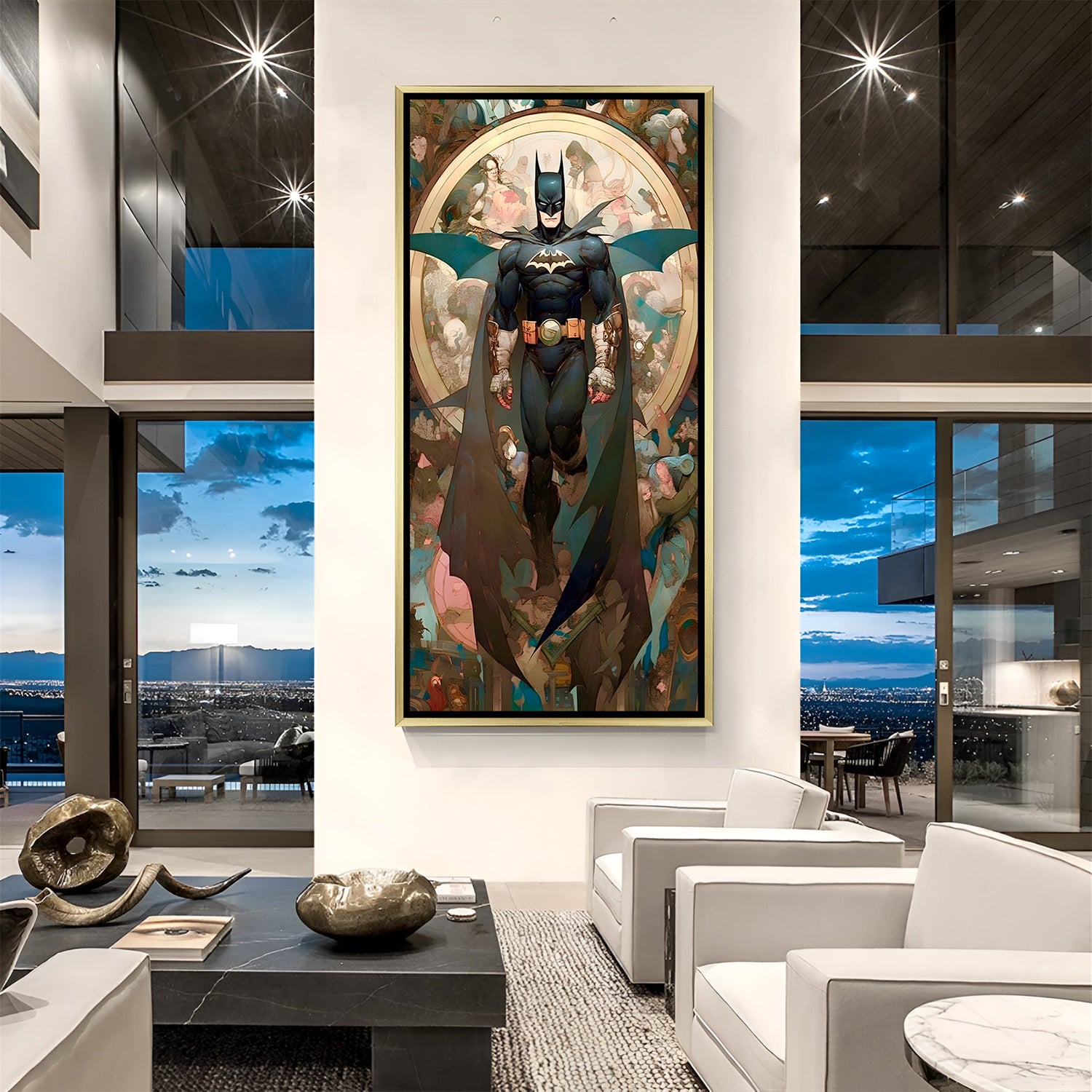 Luxury Batman flying canvas artwork in golden floater frame with powerful bat wings and heroic atmosphere