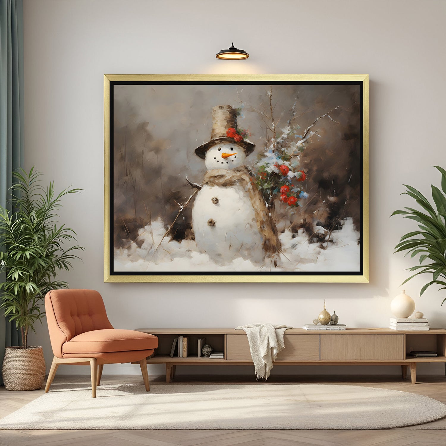 Golden-framed ancient-style canvas print of winter snowman—vintage seasonal wall art for festive home settings