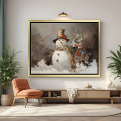 Golden-framed ancient-style canvas print of winter snowman—vintage seasonal wall art for festive home settings
