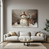 Vintage canvas wall art of a snowman in a snowy winter scene—charming seasonal wall decor for cozy interiors