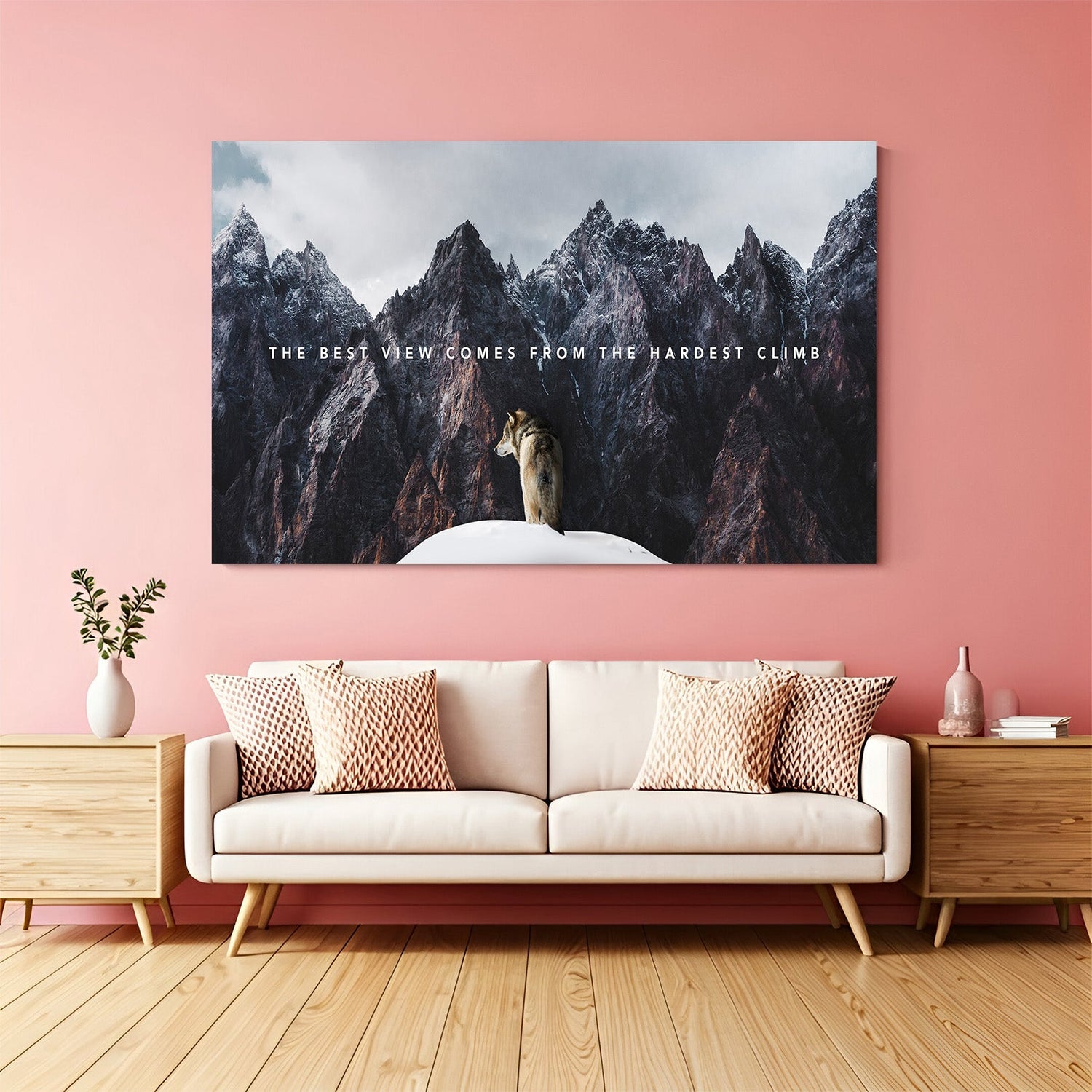 Wolf Motivational Canvas Wall Art with quote The best view comes from the hardest climb for home and office decor