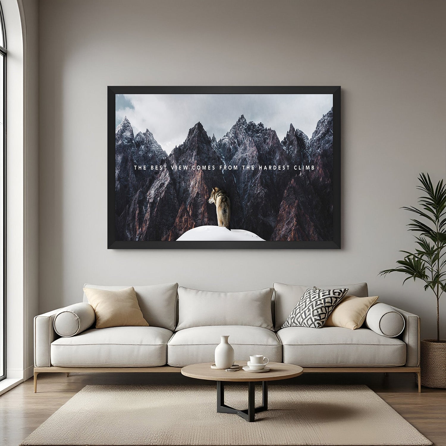 Wolf Motivational Canvas Wall Art with Black Floater Frame featuring The best view comes from the hardest climb quote