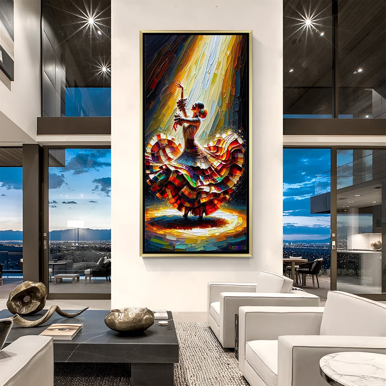 Hand-painted canvas wall art of a woman dancing in a colorful flowing dress in golden floater frame