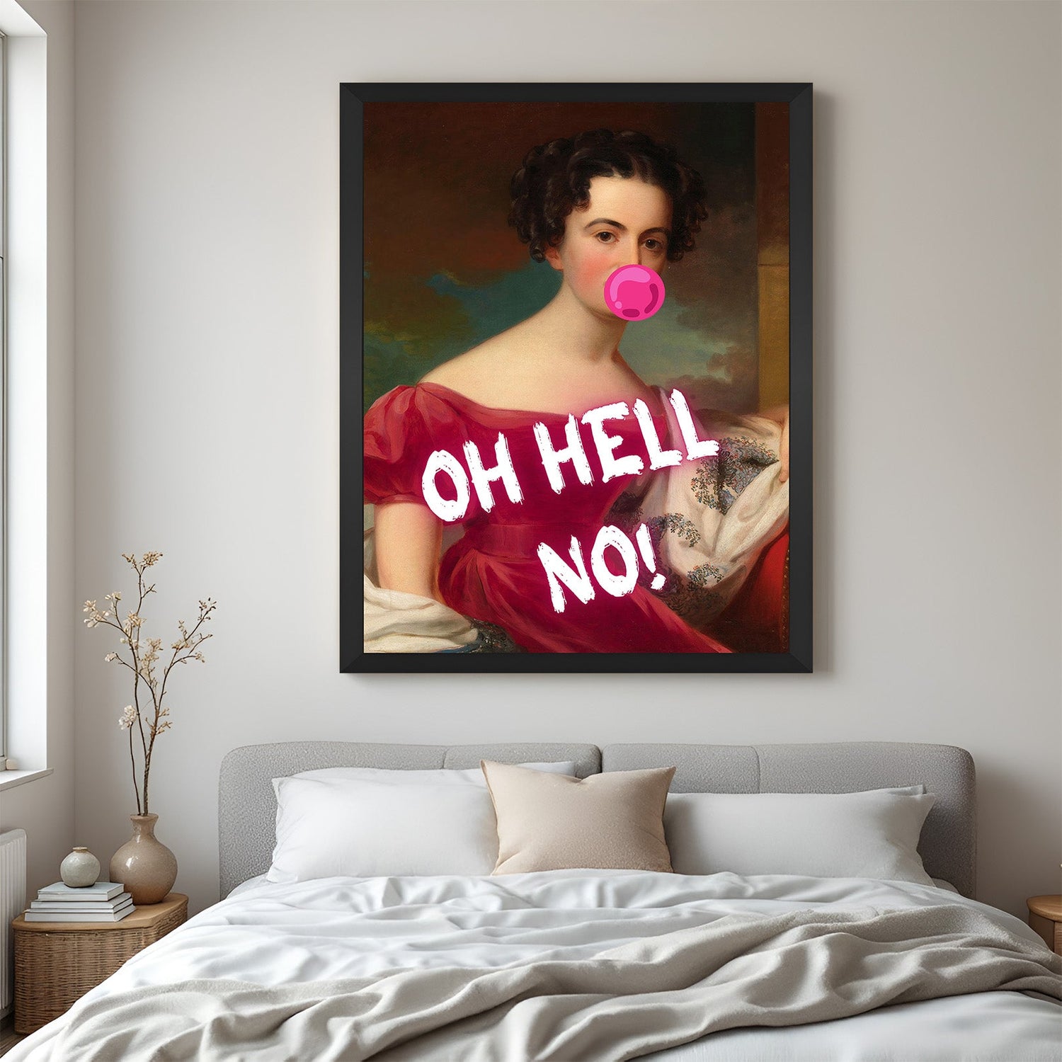 Black-framed canvas of woman in red blowing bubble gum with attitude, ideal for fashion-inspired, confident, and edgy modern interior wall art