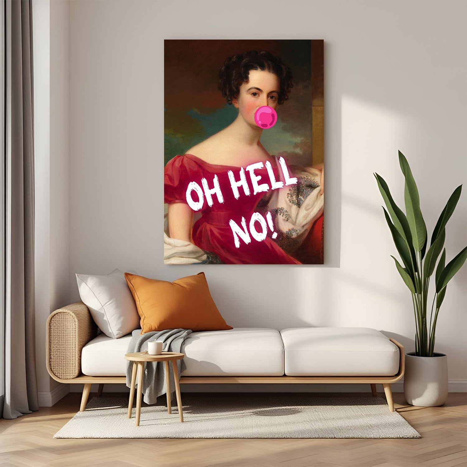 Modern canvas art featuring a woman in red blowing bubble gum with “Oh Hell No” written in bold—perfect for sassy, empowering, and stylish room decor