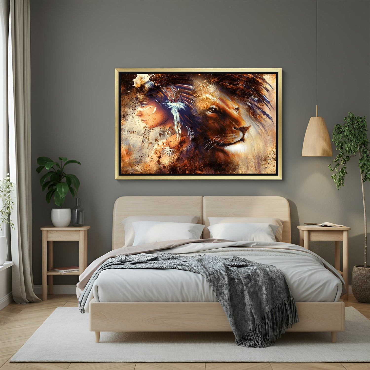 Golden-framed modern canvas showing a powerful woman and lion in dramatic poster style—bold and elegant decor for cinematic and artistic interiors