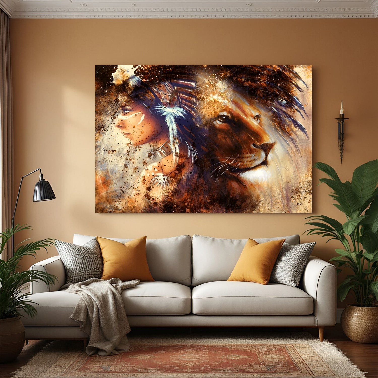 Modern canvas wall art in movie-poster style showing a woman and a lion side by side—symbolic artwork of courage, power, and wild feminine strength