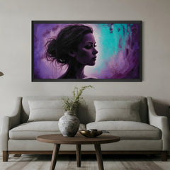 Black-framed canvas print of a woman with a mystical purple-blue background—ideal for colorful, imaginative, and elegant modern wall decor