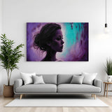 Modern art canvas featuring a woman with surreal purple and blue magical background—vibrant and dreamy wall art for artistic and expressive interiors