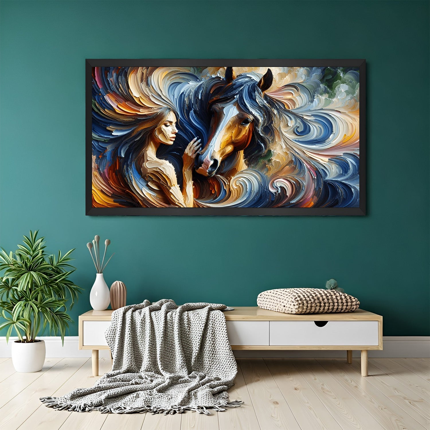 Canvas wall painting of woman touching horse in abstract spiral style, black floater frame version