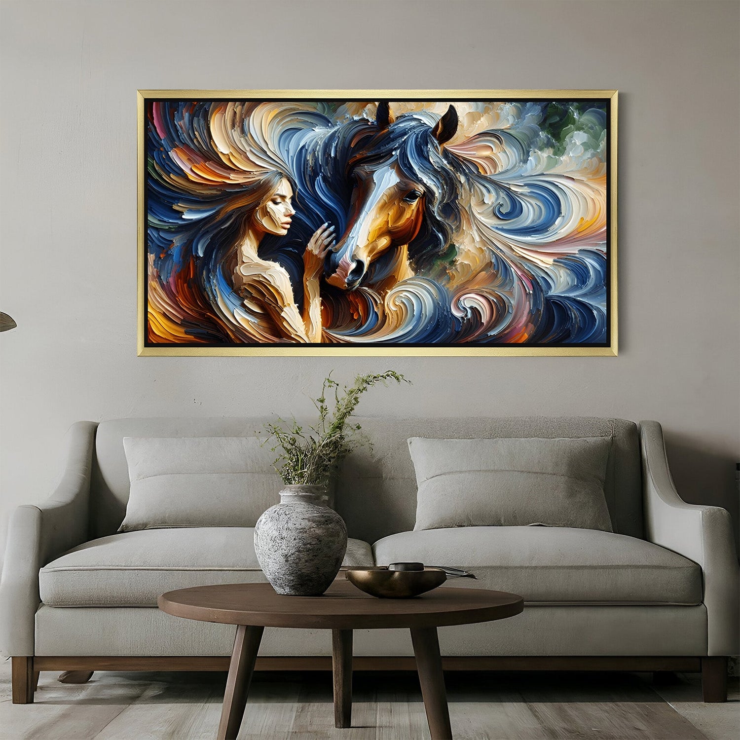 Spiral modern art of horse and woman touching moment, gold floater frame version on canvas