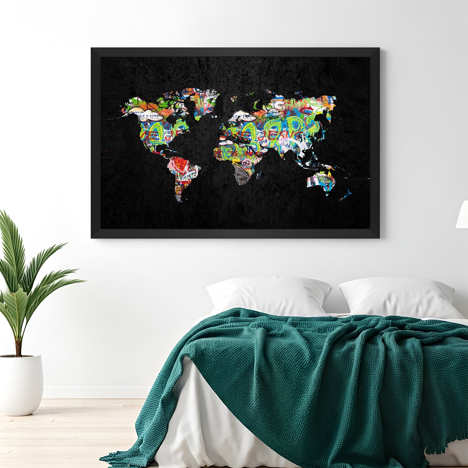 Black-framed canvas artwork of world map in altered abstract style—elegant modern wall art for luxury interiors, travel-themed decor, and office spaces