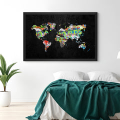 Black-framed canvas artwork of world map in altered abstract style—elegant modern wall art for luxury interiors, travel-themed decor, and office spaces