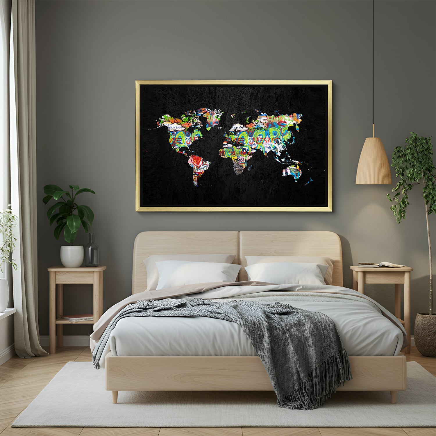 Golden-framed modern canvas of world map in expressive altered painting style—premium wall art for luxury home decor, modern lounges, and statement walls