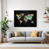 Striking world map painted in altered style on black canvas—modern art showcasing colorful countries in abstract form, perfect for bold and luxury home decor