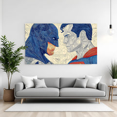 Batman and Superman intense close-up canvas wall art in premium canvas wrapped frame with cinematic superhero design