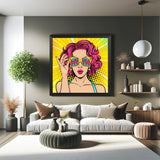Black-framed modern canvas of pop art woman with curly pink hair and sunglasses with WOW text—perfect for fashion-forward and creative wall spaces