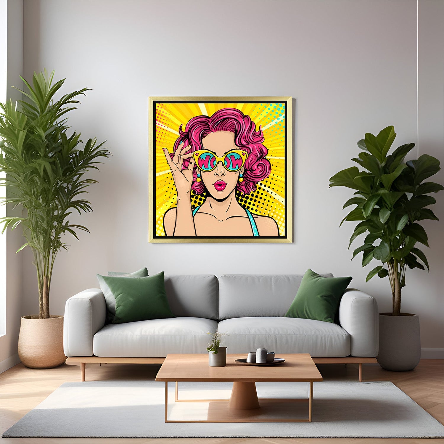 Golden-framed canvas print in comic pop style showing a stylish woman with WOW in her sunglasses—vibrant modern art for playful and retro interiors