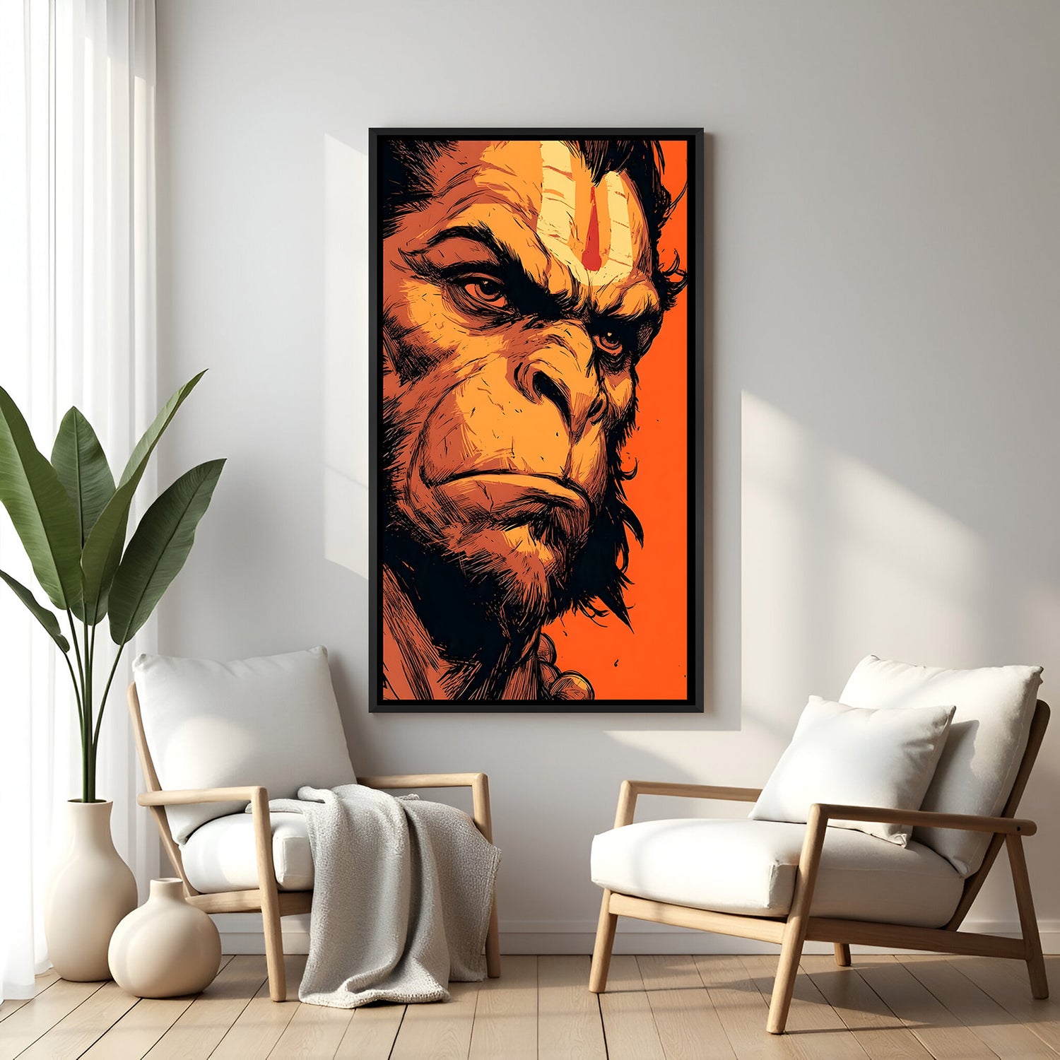 Fierce Hanuman portrait artwork with powerful gaze in elegant black floater frame