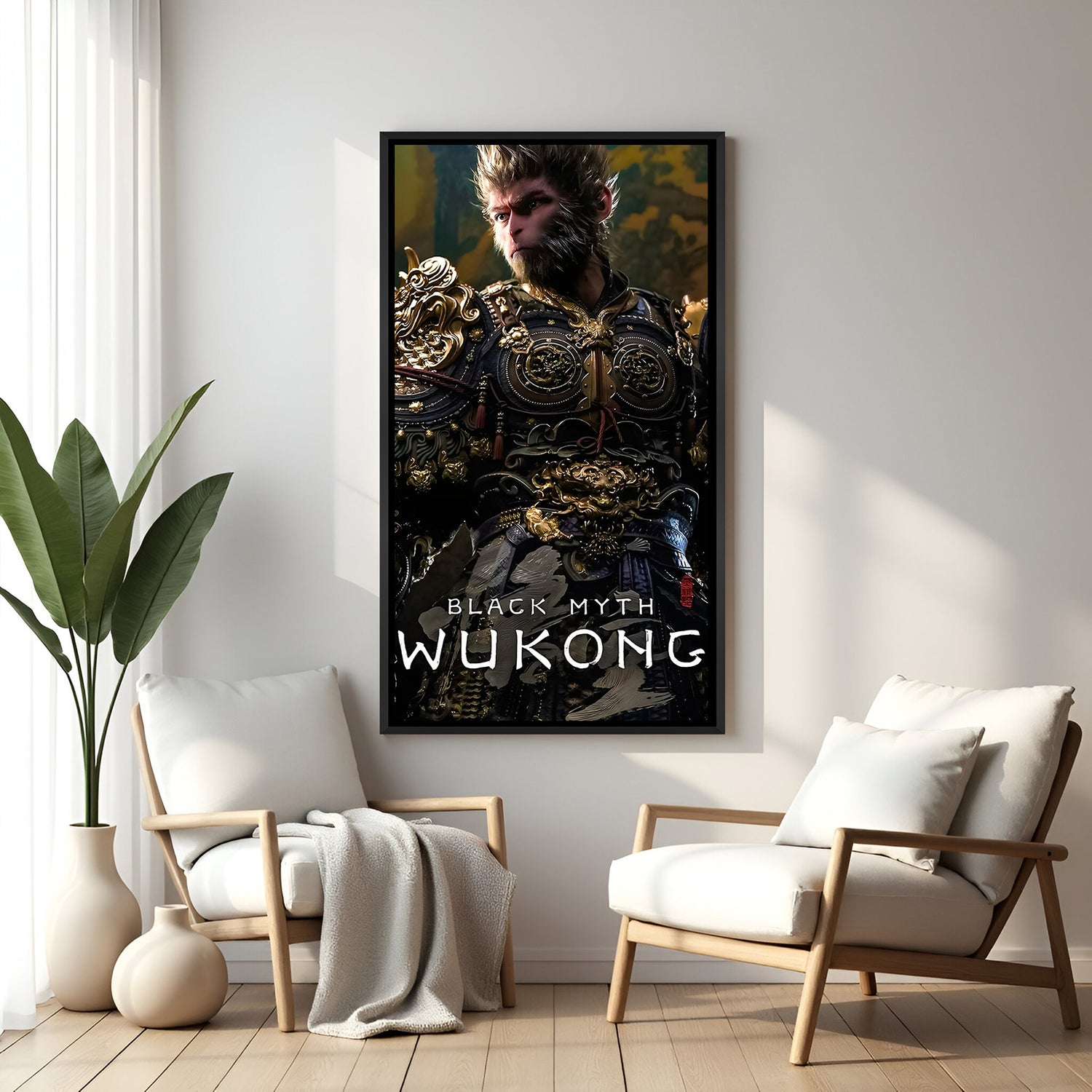 Wukong Ascendant Warrior wall painting in elegant black floater frame with cinematic fantasy game artwork