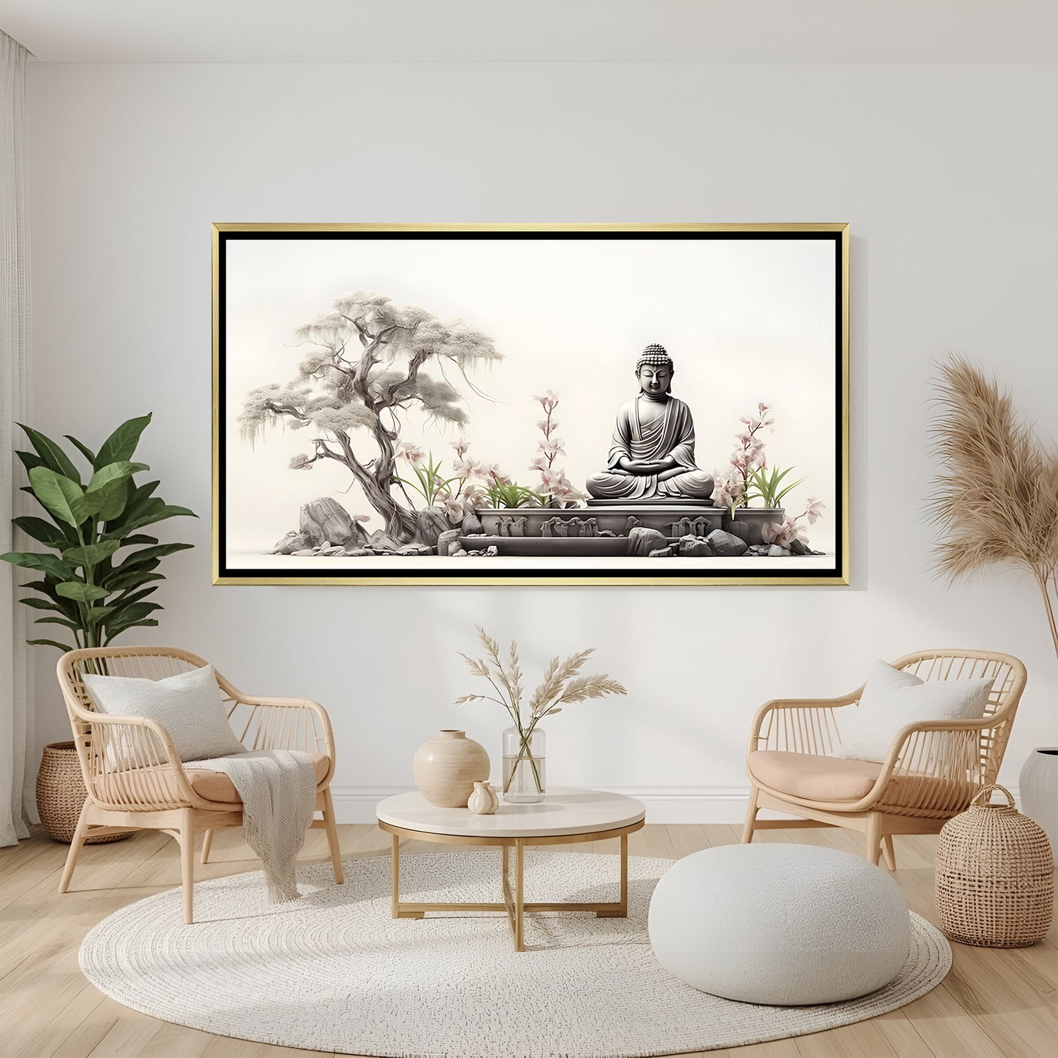 Zen Buddha wall art in luxury golden floater frame with minimalist spiritual design