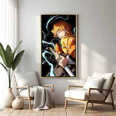 Zenitsu Agatsuma Demon Slayer wall art in luxury golden floater frame with thunder anime design