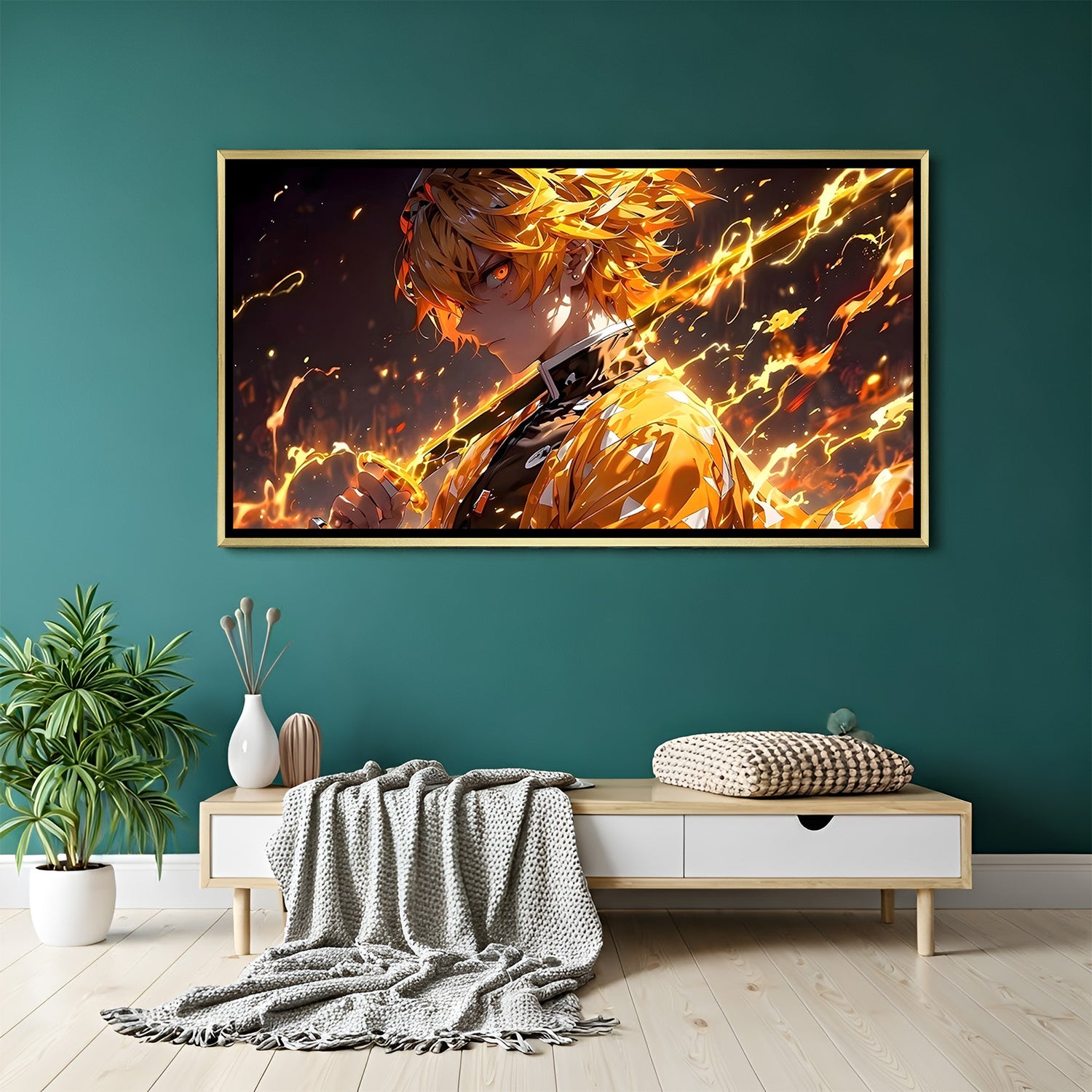 Zenitsu Agatsuma Demon Slayer wall art in luxury golden floater frame with anime lightning design