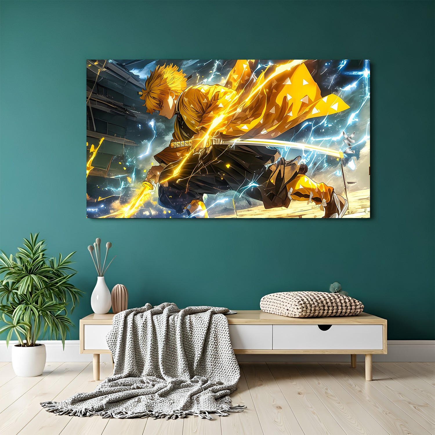 Zenitsu Agatsuma God Speed canvas painting with Thunder Breathing anime artwork in canvas wrapped frame