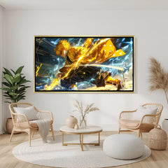 Zenitsu Agatsuma Demon Slayer wall art in luxury golden floater frame with lightning anime design