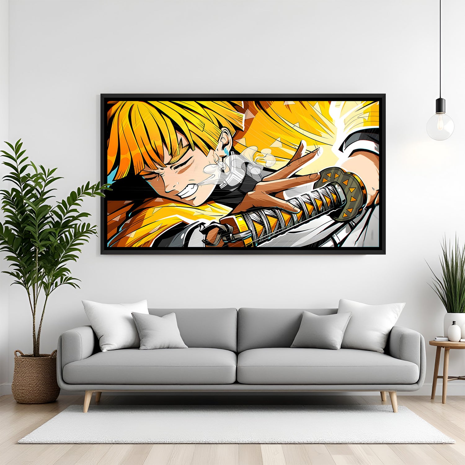 Zenitsu Agatsuma Thunder Breathing anime canvas artwork in premium black floater frame