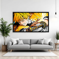 Zenitsu Agatsuma Thunder Breathing anime canvas artwork in premium black floater frame