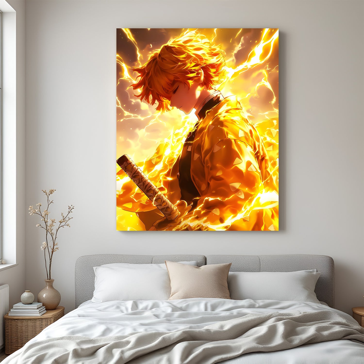 Zenitsu Agatsuma thunder canvas painting with lightning anime artwork in canvas wrapped frame