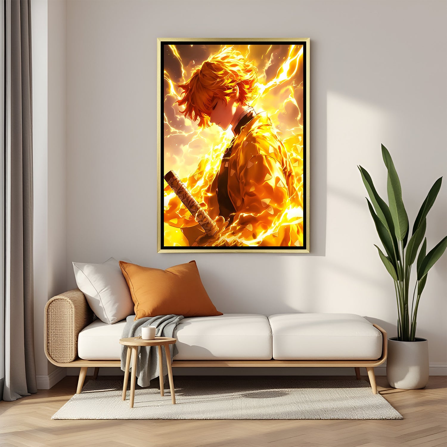 Zenitsu Agatsuma Demon Slayer wall art in luxury golden floater frame with thunder anime design