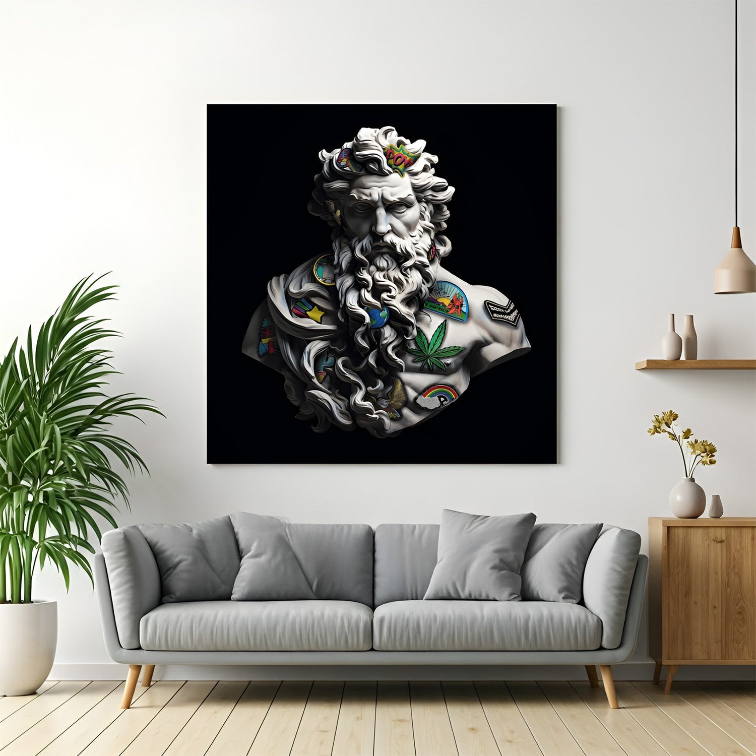 Modern canvas wall art showing white Zeus god figure on black background—striking and powerful artwork perfect for masculine, mythological, or luxury interiors